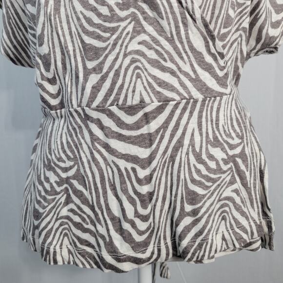 Banana Republic linen short sleeve zebra print wrap top size L gray white career - Picture 6 of 8
